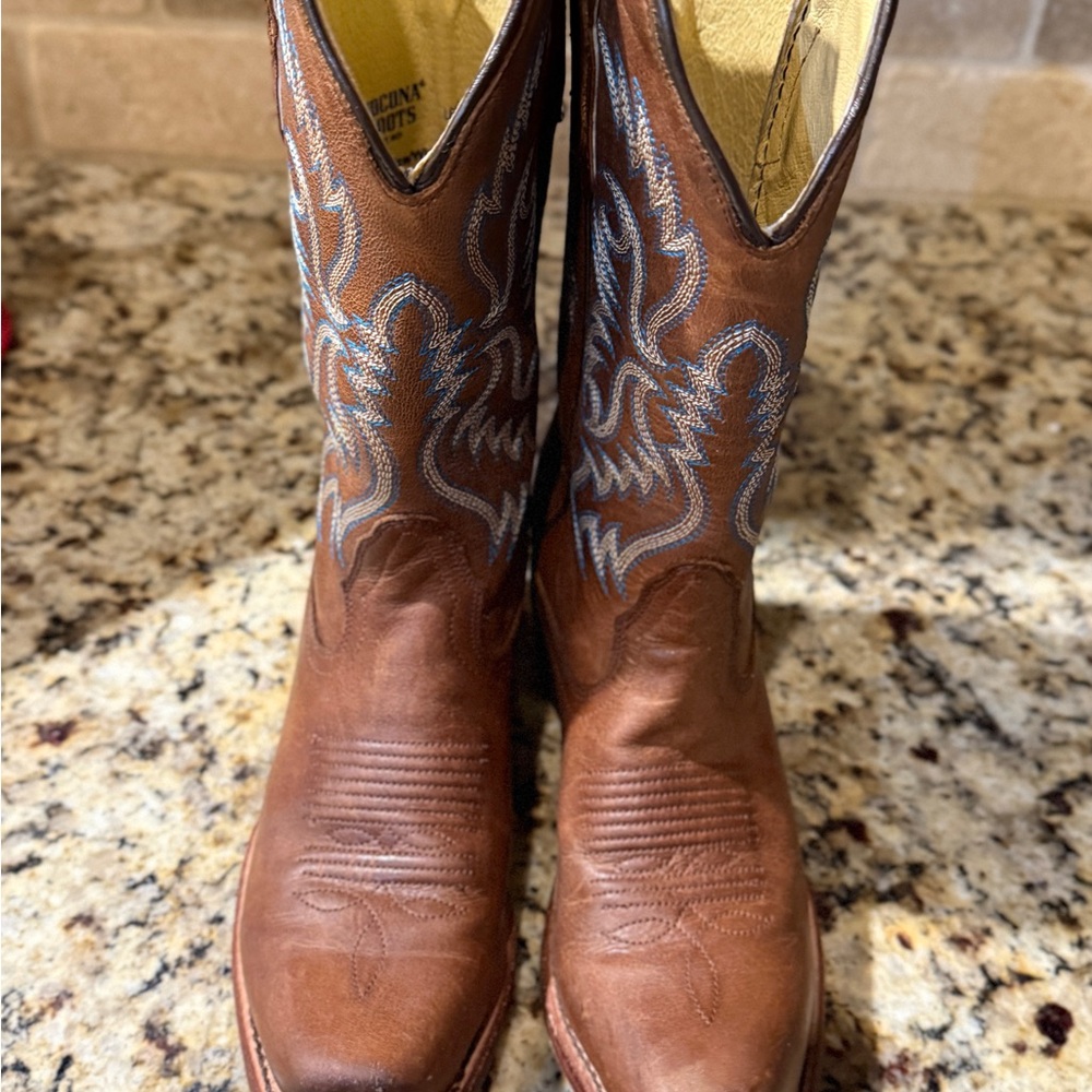 Nocona Brown Cowboy Boots with Blue Stitching